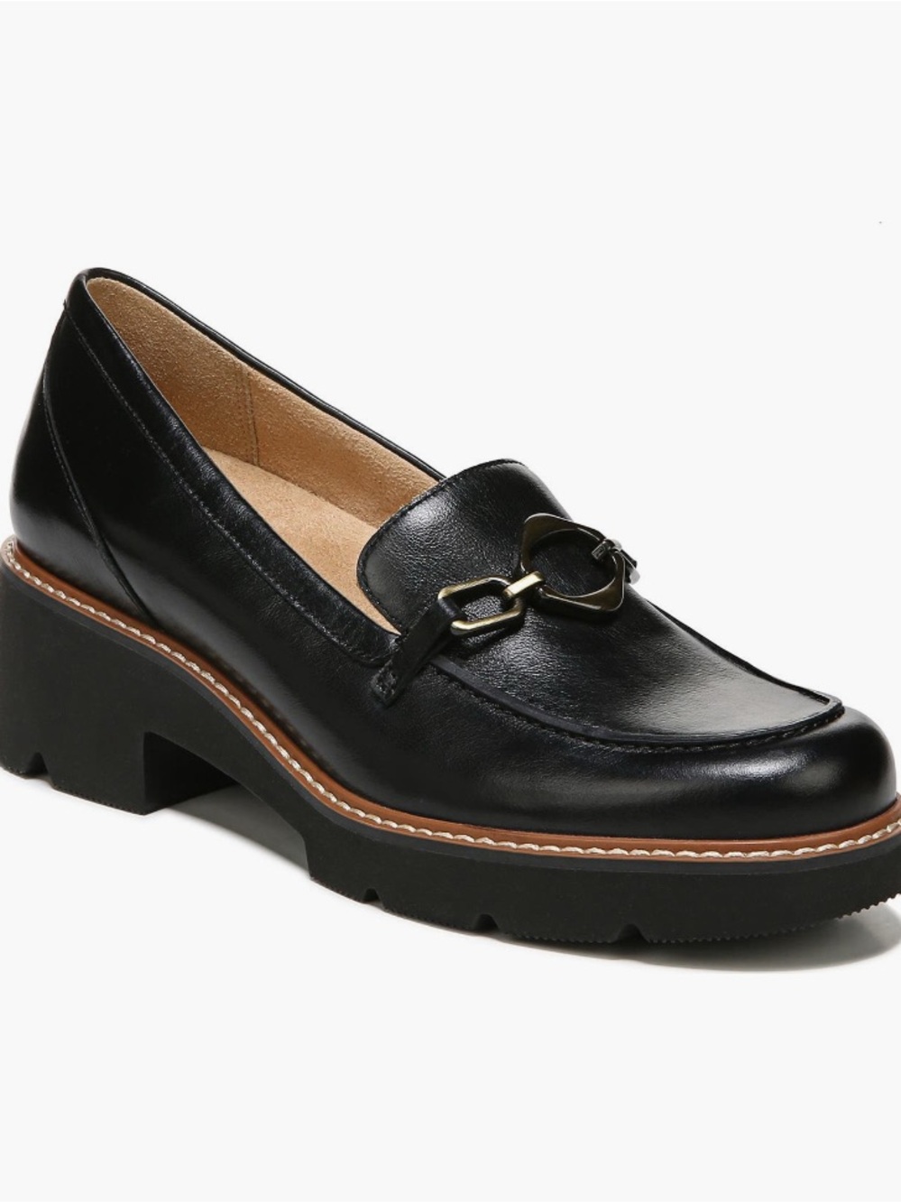 Naturalizer Black Leather Lug-Sole Loafer with Gold Bit